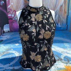 J KARA Beaded Flower Blouse Black Evening Size M
